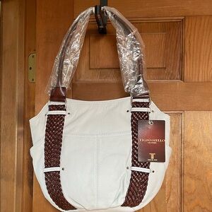 Tignanello White Leather Shoulder Bag with Brown Braided Straps